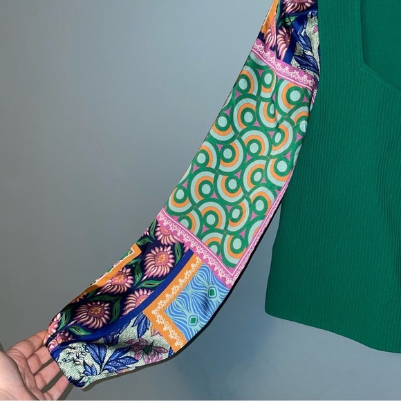 Bailey 44 Ribbed Puffy Patchwork Blouse Green Long-Sleeve Top Size Large - Picture 4 of 7